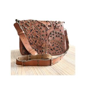 Patricia Nash Rosa Brown Leather Studded Saddle Messenger Crossbody Bag